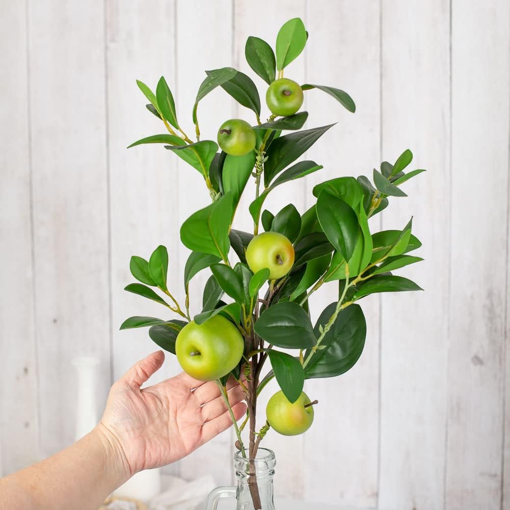 Artificial Green Apple Stem - Granny Smith Apple Tree Branch for Summer Flower Arrangements and Faux Fruit Displays (35 Inches Long)