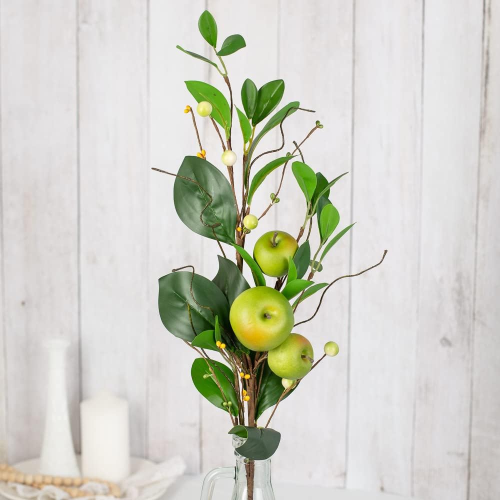 Artificial Green Apple Stem - Granny Smith Apple Tree Branch for Summer Flower Arrangements and Faux Fruit Displays (35 Inches Long)