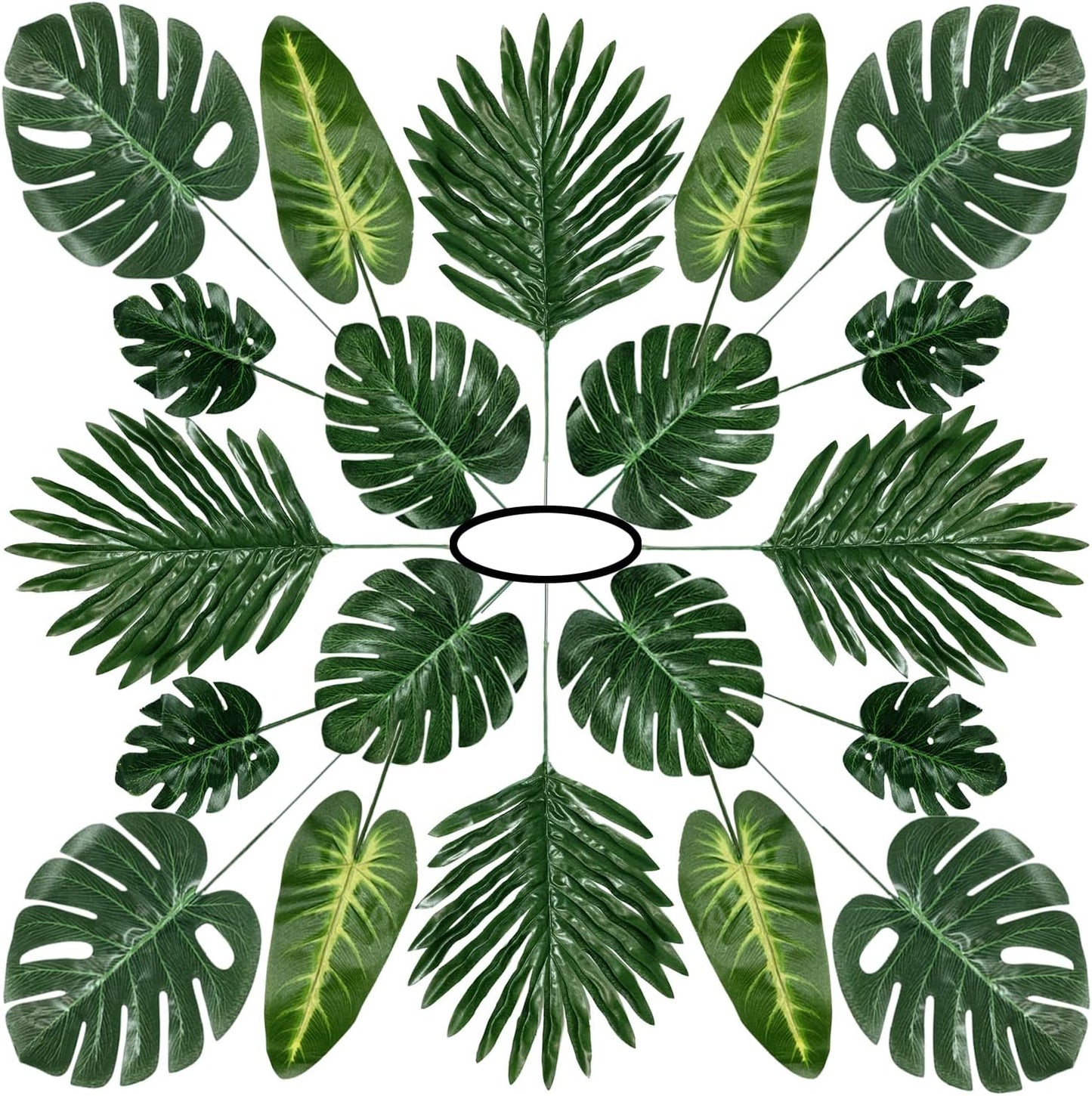 60 Pieces 5 Kinds Artificial Palm Leaves with Faux Stem, Tropical Party Decorations Jungle Monstera Leaves Safari Leaves for Hawaiian Luau Party Jungle Beach Table Leave Decorations
