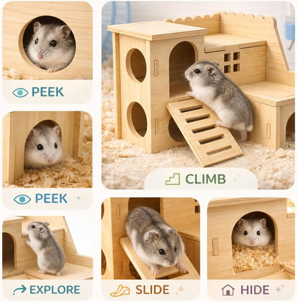 Tiny Hamster Maze Wood House Fun Slide House Double-Decker Hut for Dwarf Gerbil Mouse Mice Rat Small Animals(Only for Small Hamster)