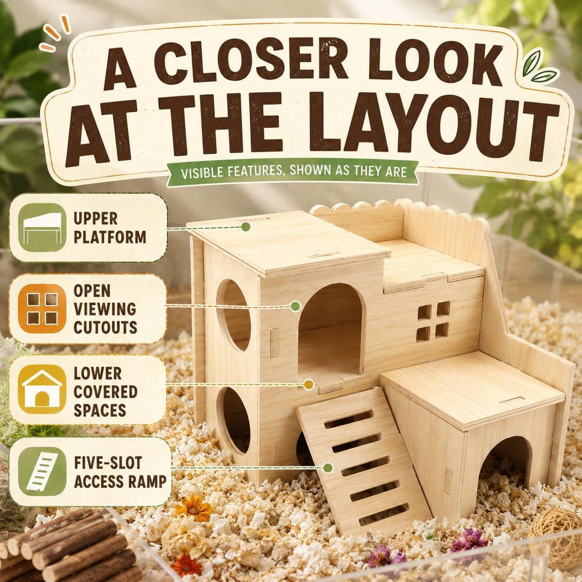 Tiny Hamster Maze Wood House Fun Slide House Double-Decker Hut for Dwarf Gerbil Mouse Mice Rat Small Animals(Only for Small Hamster)