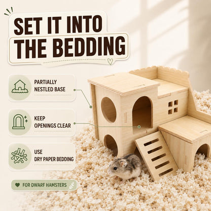 Tiny Hamster Maze Wood House Fun Slide House Double-Decker Hut for Dwarf Gerbil Mouse Mice Rat Small Animals(Only for Small Hamster)
