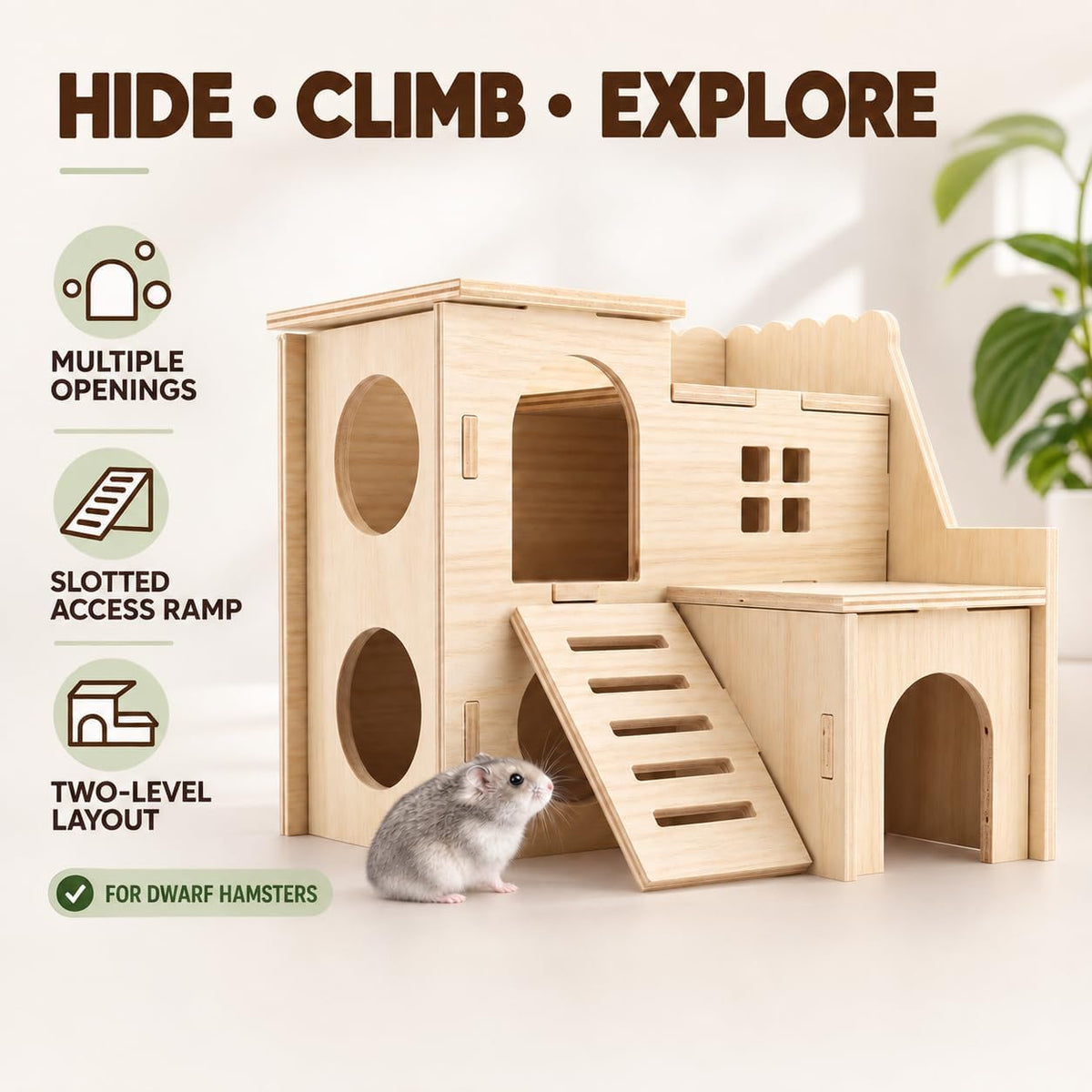 Tiny Hamster Maze Wood House Fun Slide House Double-Decker Hut for Dwarf Gerbil Mouse Mice Rat Small Animals(Only for Small Hamster)