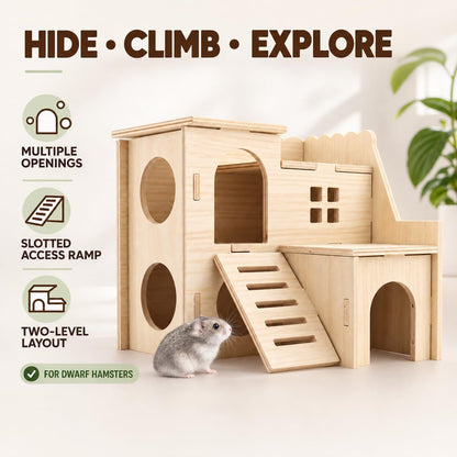 Tiny Hamster Maze Wood House Fun Slide House Double-Decker Hut for Dwarf Gerbil Mouse Mice Rat Small Animals(Only for Small Hamster)