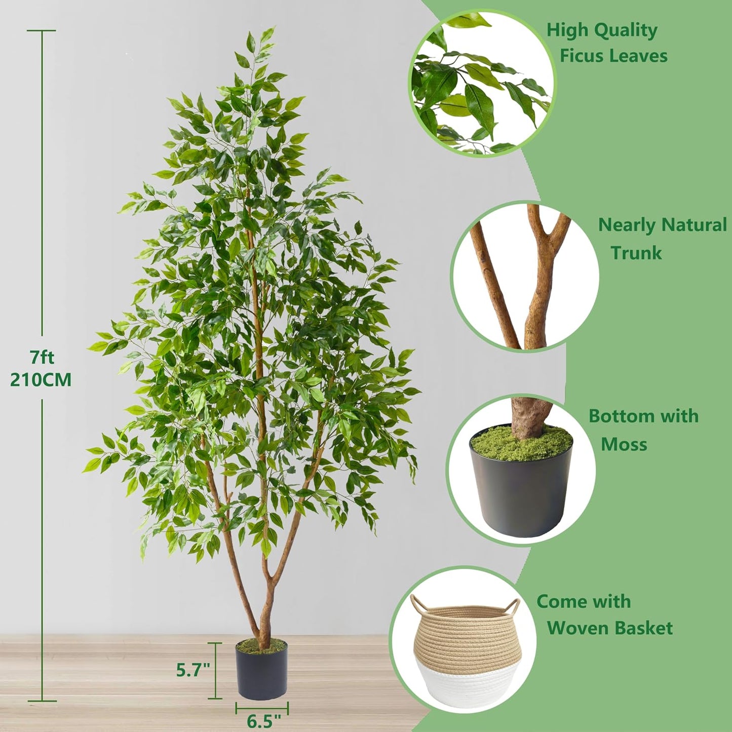 Artificial Ficus Tree, 6ft Tall Silk Fake Ficus Leaves Plant with Basket, Indoor Outdoor Faux Greenery Tree for Home Garden Office House Livingroom Décor