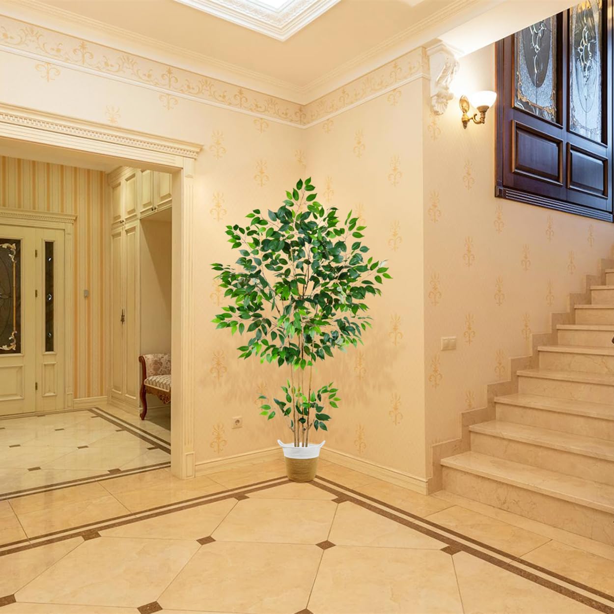 Artificial Ficus Tree, 6ft Tall Silk Fake Ficus Leaves Plant with Basket, Indoor Outdoor Faux Greenery Tree for Home Garden Office House Livingroom Décor
