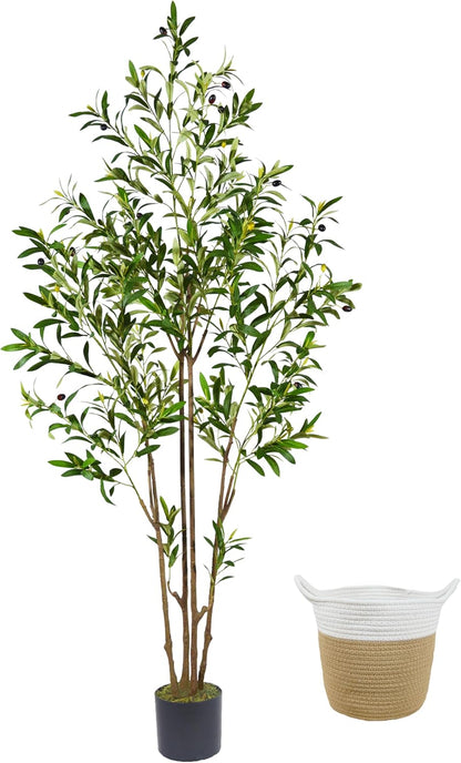 Artificial Ficus Tree, 6ft Tall Silk Fake Ficus Leaves Plant with Basket, Indoor Outdoor Faux Greenery Tree for Home Garden Office House Livingroom Décor