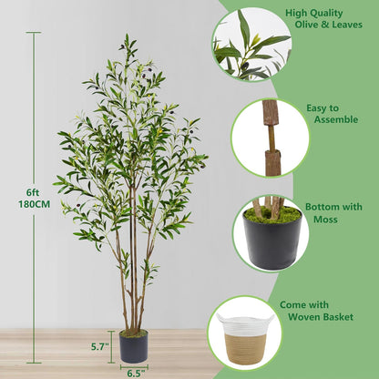 Artificial Ficus Tree, 6ft Tall Silk Fake Ficus Leaves Plant with Basket, Indoor Outdoor Faux Greenery Tree for Home Garden Office House Livingroom Décor