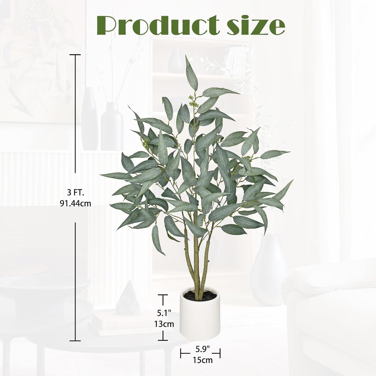 Eucalyptus Trees Artificial Indoor - 3FT Tall Faux Eucalyptus Plants in White Planter, Fake Plant Décor for Farmhouse Bedroom Office Room Hallway Decoration