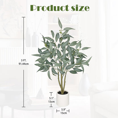 Eucalyptus Trees Artificial Indoor - 3FT Tall Faux Eucalyptus Plants in White Planter, Fake Plant Décor for Farmhouse Bedroom Office Room Hallway Decoration