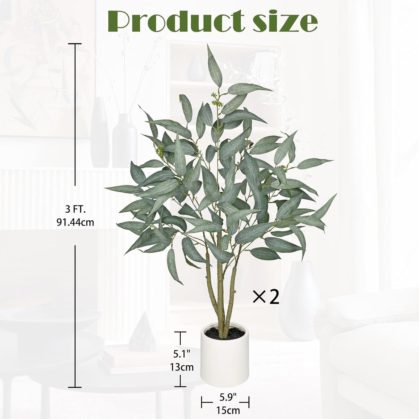 Eucalyptus Trees Artificial Indoor - 3FT Tall Faux Eucalyptus Plants in White Planter, Fake Plant Décor for Farmhouse Bedroom Office Room Hallway Decoration