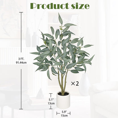 Eucalyptus Trees Artificial Indoor - 3FT Tall Faux Eucalyptus Plants in White Planter, Fake Plant Décor for Farmhouse Bedroom Office Room Hallway Decoration