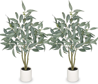 Eucalyptus Trees Artificial Indoor - 3FT Tall Faux Eucalyptus Plants in White Planter, Fake Plant Décor for Farmhouse Bedroom Office Room Hallway Decoration