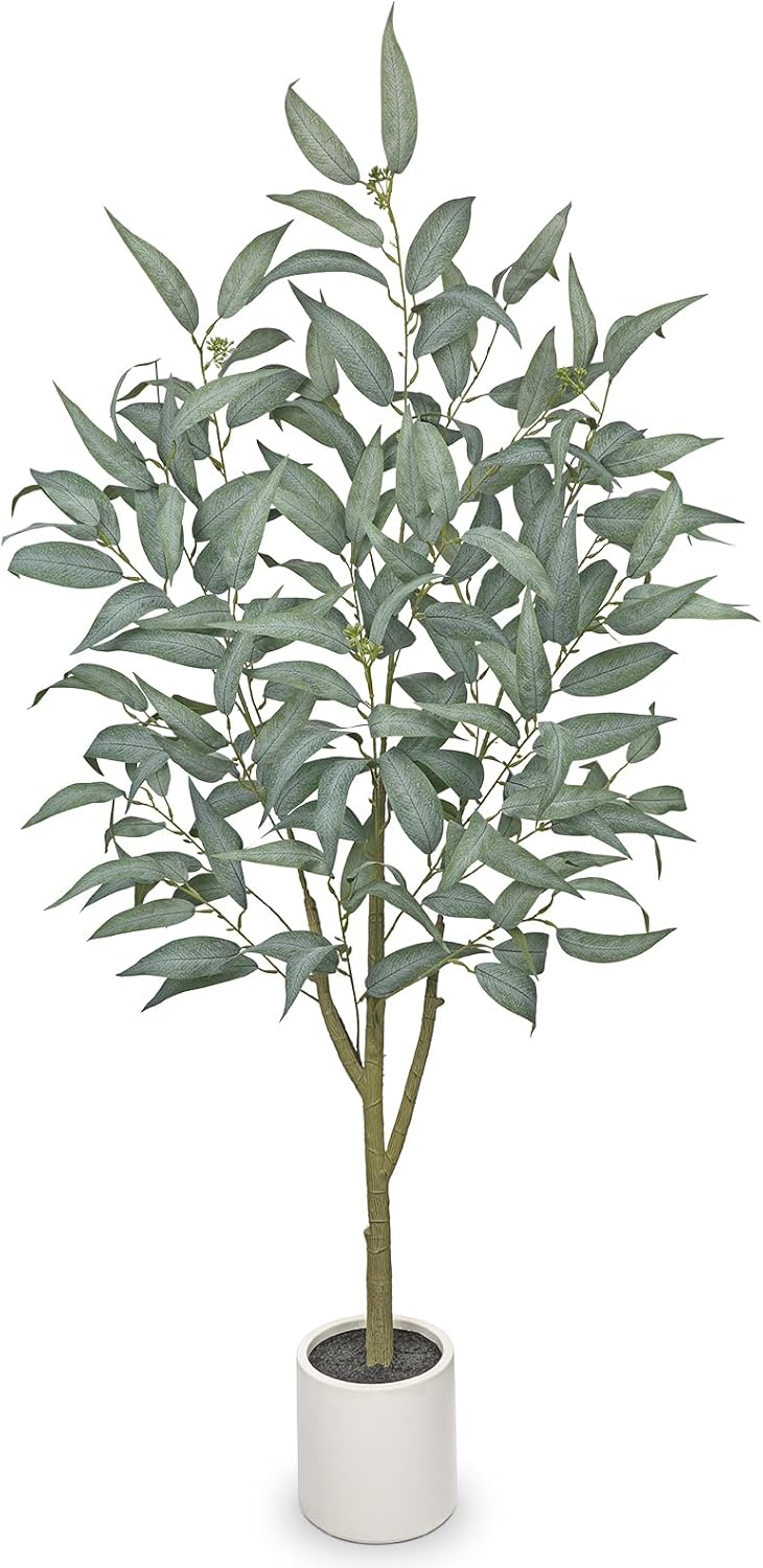 Eucalyptus Trees Artificial Indoor - 3FT Tall Faux Eucalyptus Plants in White Planter, Fake Plant Décor for Farmhouse Bedroom Office Room Hallway Decoration