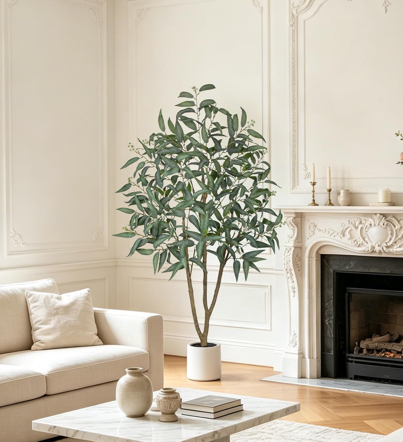 Eucalyptus Trees Artificial Indoor - 3FT Tall Faux Eucalyptus Plants in White Planter, Fake Plant Décor for Farmhouse Bedroom Office Room Hallway Decoration