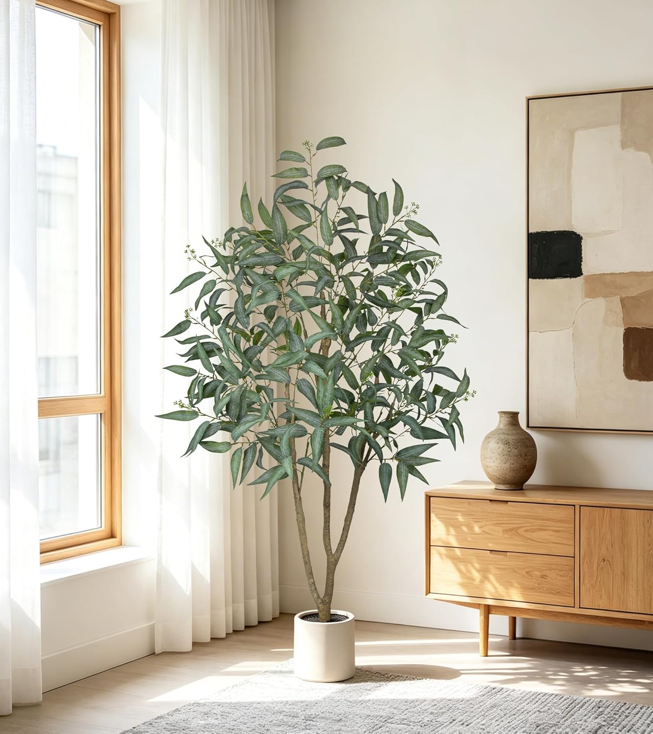 Eucalyptus Trees Artificial Indoor - 3FT Tall Faux Eucalyptus Plants in White Planter, Fake Plant Décor for Farmhouse Bedroom Office Room Hallway Decoration