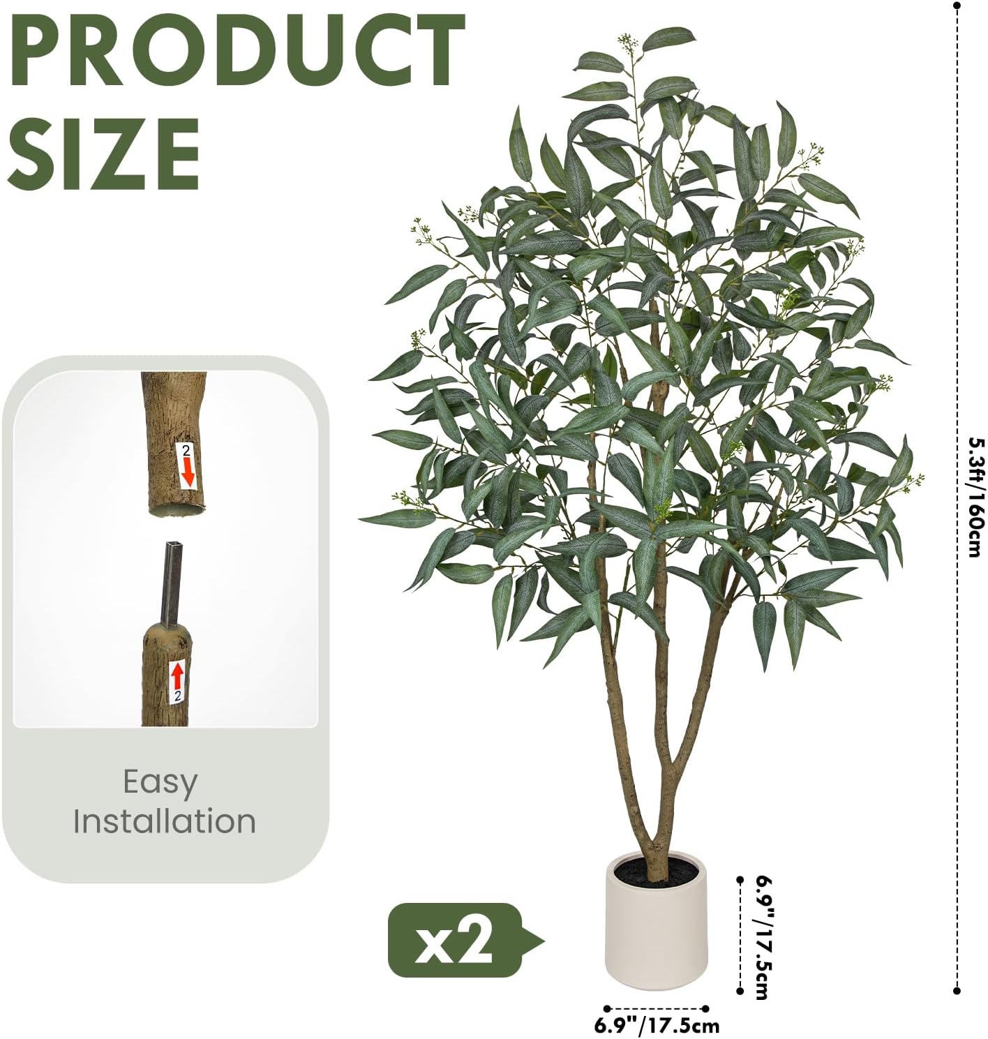 Eucalyptus Trees Artificial Indoor - 3FT Tall Faux Eucalyptus Plants in White Planter, Fake Plant Décor for Farmhouse Bedroom Office Room Hallway Decoration