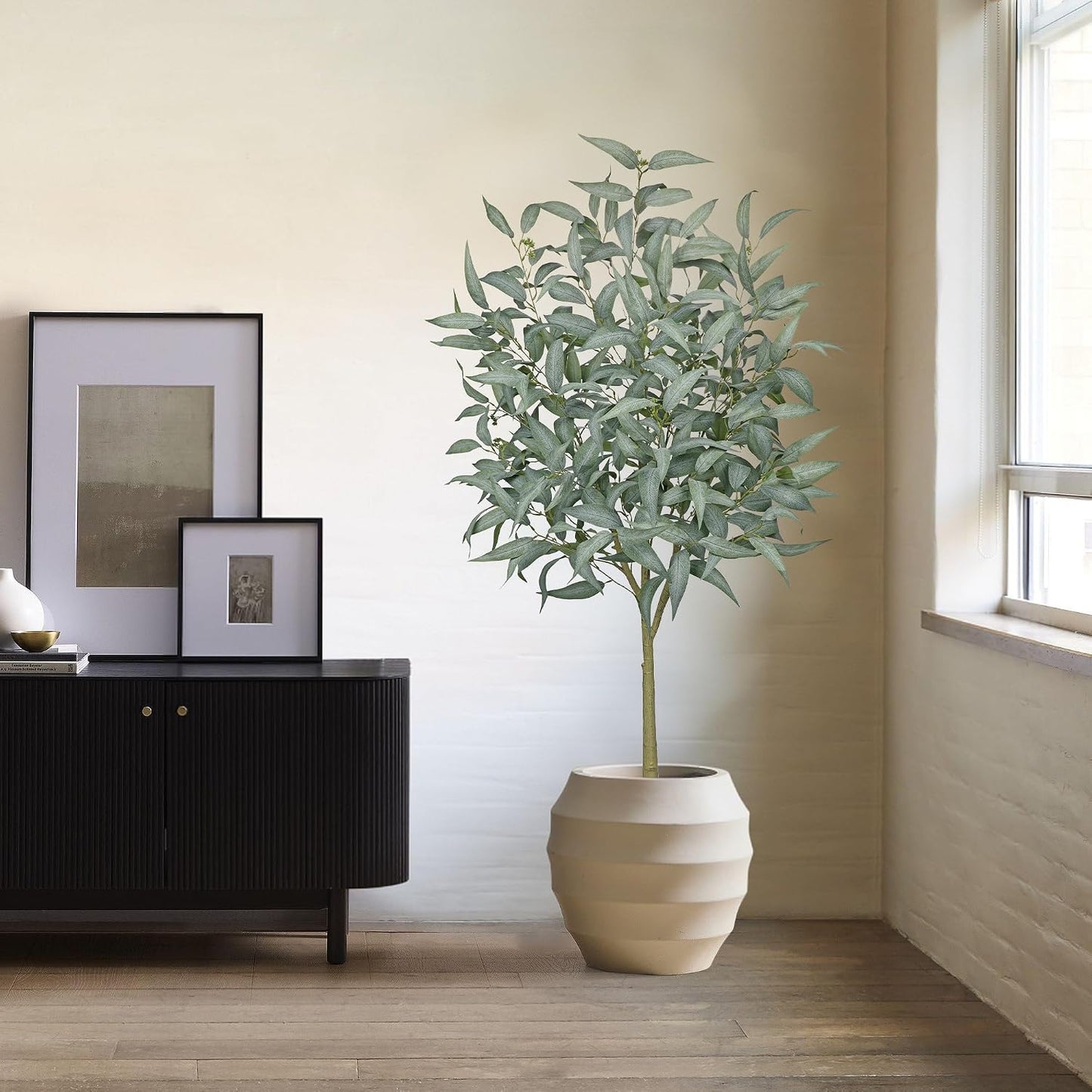 Eucalyptus Trees Artificial Indoor - 3FT Tall Faux Eucalyptus Plants in White Planter, Fake Plant Décor for Farmhouse Bedroom Office Room Hallway Decoration