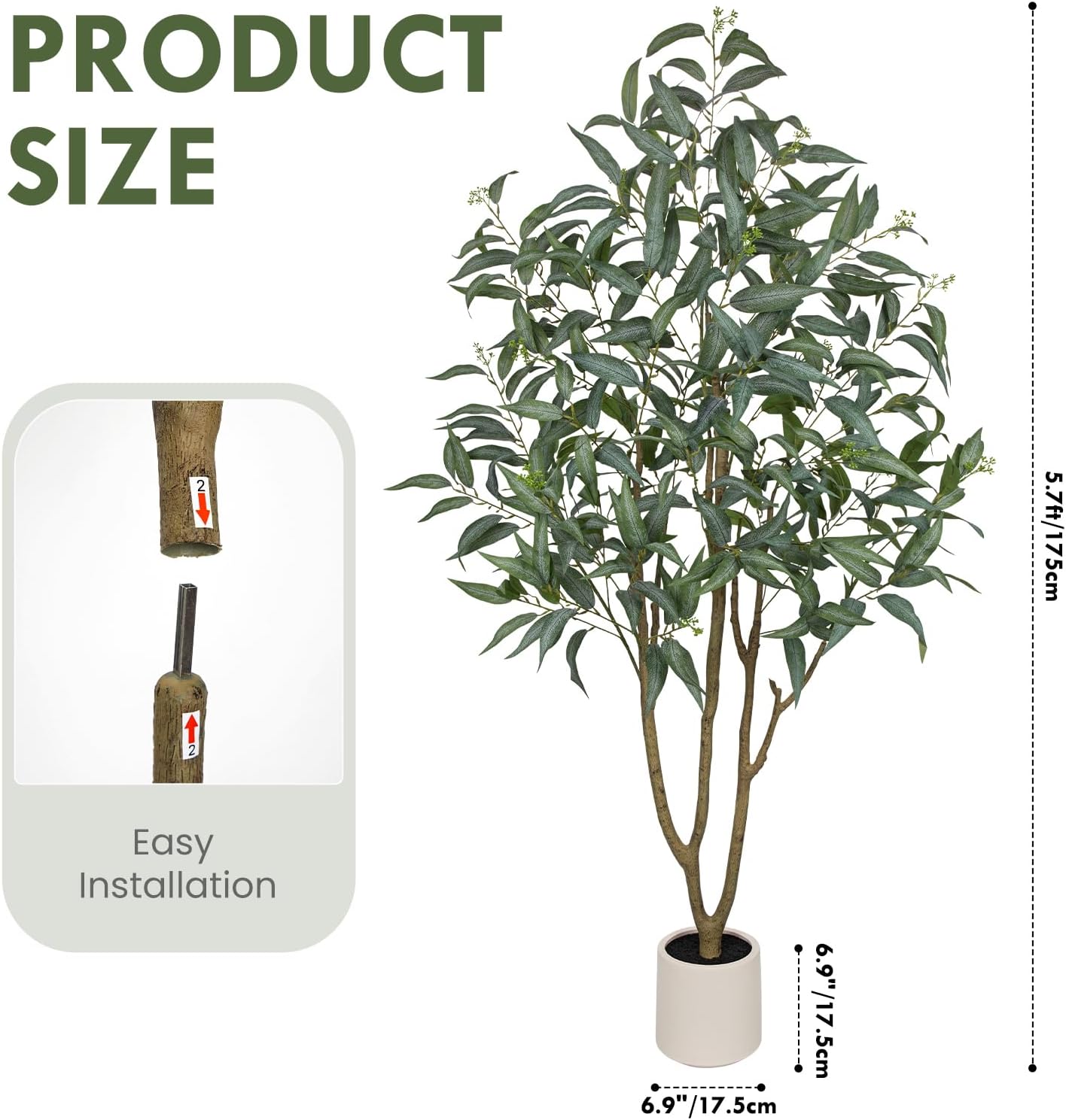 Eucalyptus Trees Artificial Indoor - 3FT Tall Faux Eucalyptus Plants in White Planter, Fake Plant Décor for Farmhouse Bedroom Office Room Hallway Decoration