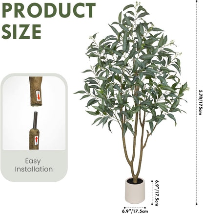 Eucalyptus Trees Artificial Indoor - 3FT Tall Faux Eucalyptus Plants in White Planter, Fake Plant Décor for Farmhouse Bedroom Office Room Hallway Decoration