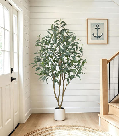 Eucalyptus Trees Artificial Indoor - 3FT Tall Faux Eucalyptus Plants in White Planter, Fake Plant Décor for Farmhouse Bedroom Office Room Hallway Decoration
