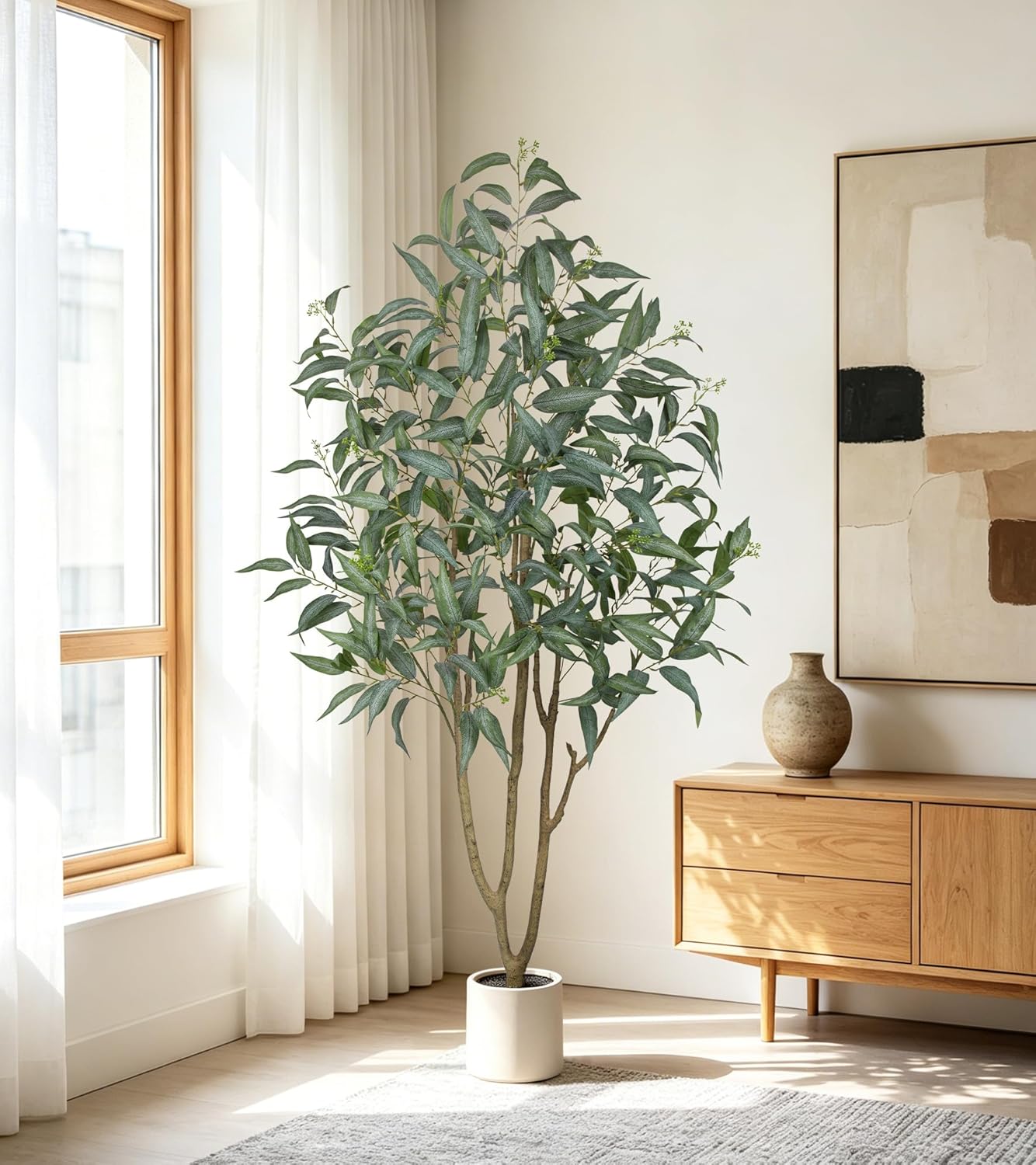 Eucalyptus Trees Artificial Indoor - 3FT Tall Faux Eucalyptus Plants in White Planter, Fake Plant Décor for Farmhouse Bedroom Office Room Hallway Decoration