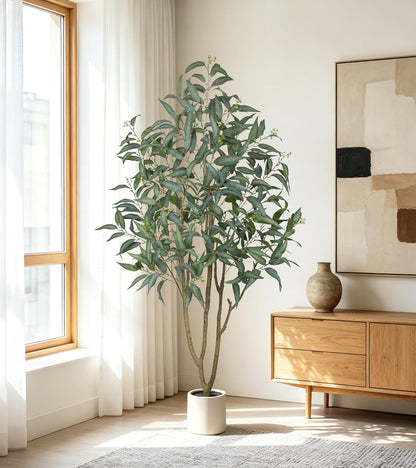 Eucalyptus Trees Artificial Indoor - 3FT Tall Faux Eucalyptus Plants in White Planter, Fake Plant Décor for Farmhouse Bedroom Office Room Hallway Decoration