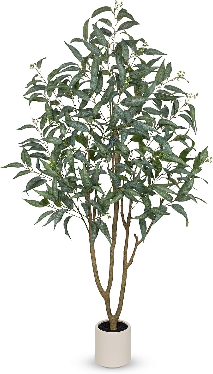Eucalyptus Trees Artificial Indoor - 3FT Tall Faux Eucalyptus Plants in White Planter, Fake Plant Décor for Farmhouse Bedroom Office Room Hallway Decoration