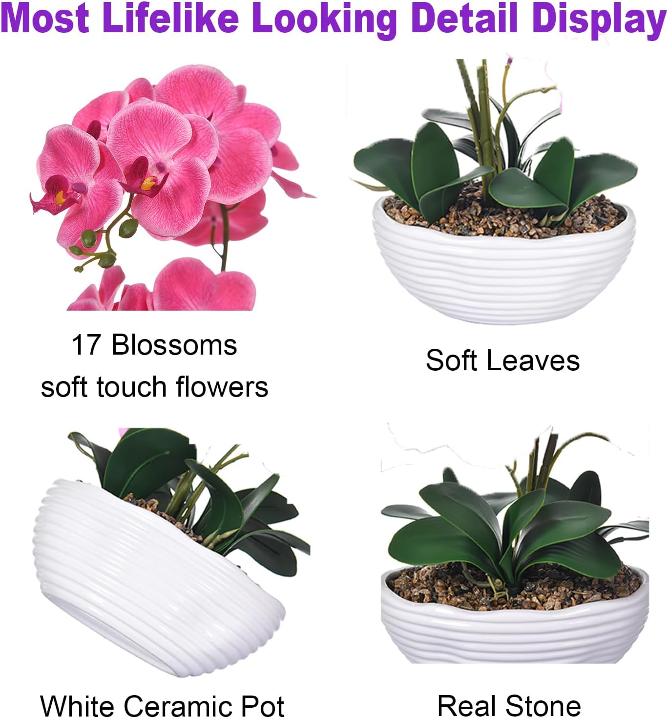 19" H Phalaenopsis Faux Orchid Plant Silk Orchid Centerpiece Artificial Floral Arrangement in Ceramic Pot (White)