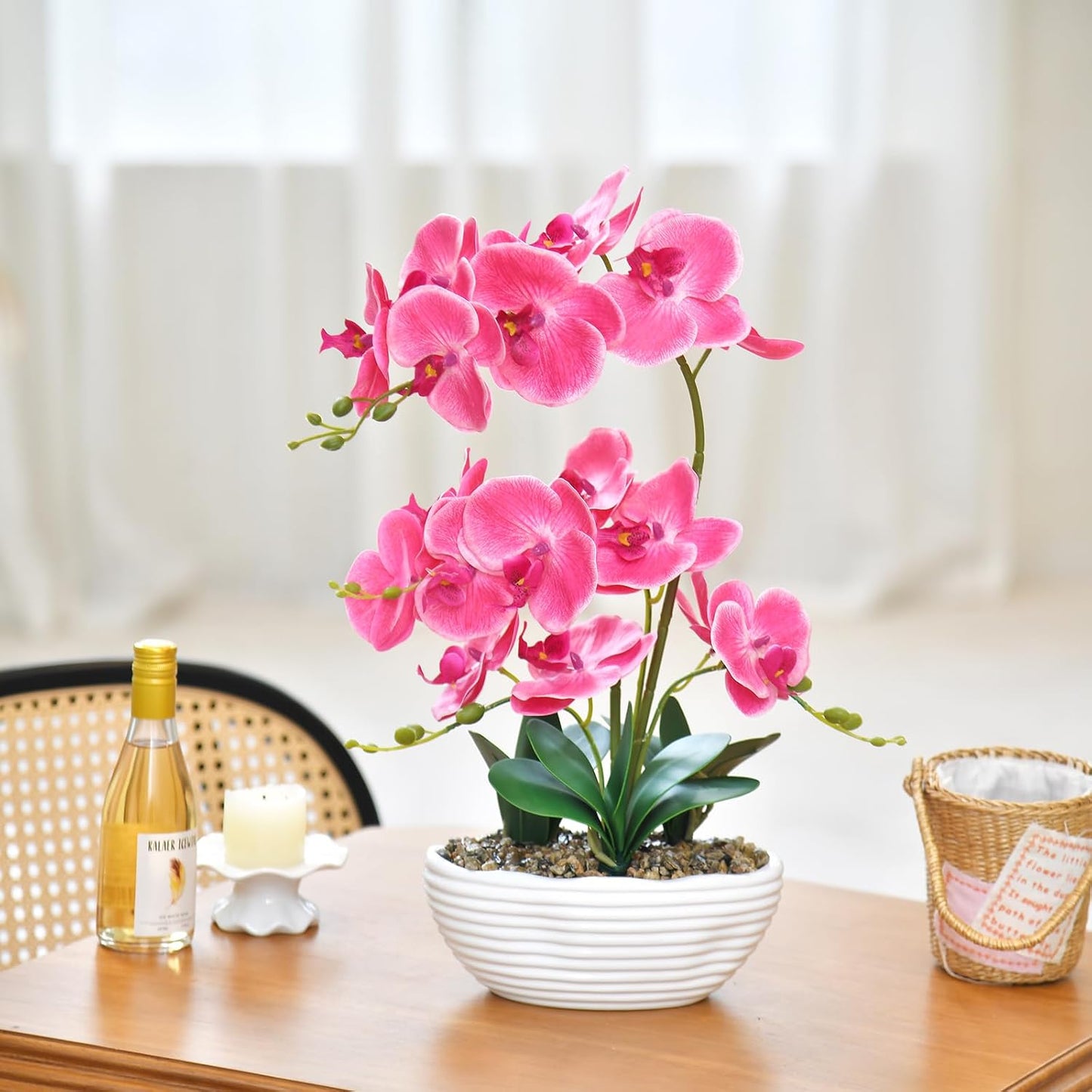 19" H Phalaenopsis Faux Orchid Plant Silk Orchid Centerpiece Artificial Floral Arrangement in Ceramic Pot (White)