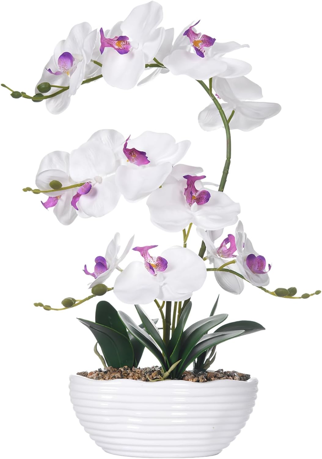 19" H Phalaenopsis Faux Orchid Plant Silk Orchid Centerpiece Artificial Floral Arrangement in Ceramic Pot (White)