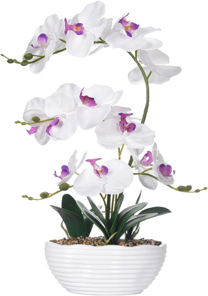 19" H Phalaenopsis Faux Orchid Plant Silk Orchid Centerpiece Artificial Floral Arrangement in Ceramic Pot (White)