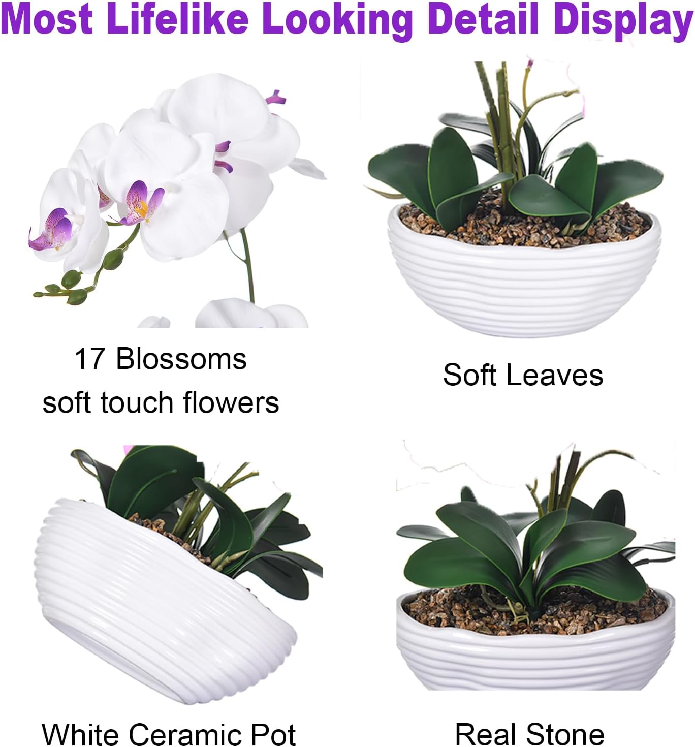 19" H Phalaenopsis Faux Orchid Plant Silk Orchid Centerpiece Artificial Floral Arrangement in Ceramic Pot (White)