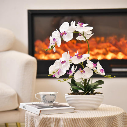 19" H Phalaenopsis Faux Orchid Plant Silk Orchid Centerpiece Artificial Floral Arrangement in Ceramic Pot (White)
