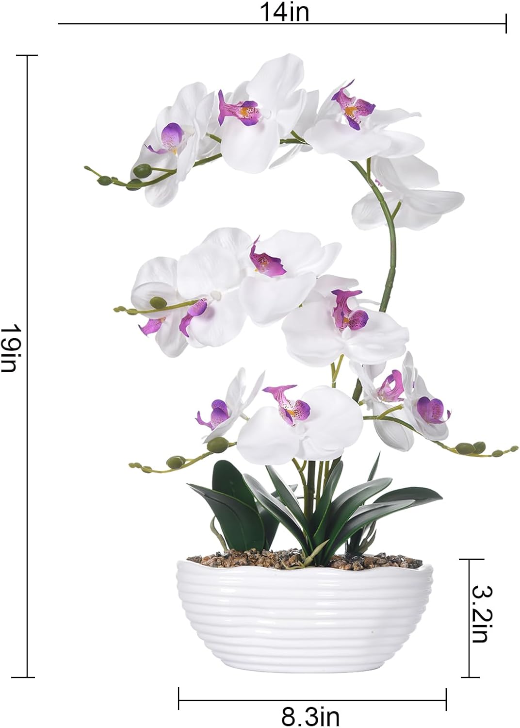 19" H Phalaenopsis Faux Orchid Plant Silk Orchid Centerpiece Artificial Floral Arrangement in Ceramic Pot (White)
