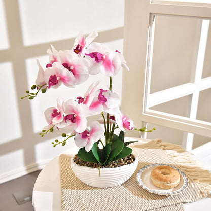 19" H Phalaenopsis Faux Orchid Plant Silk Orchid Centerpiece Artificial Floral Arrangement in Ceramic Pot (White)