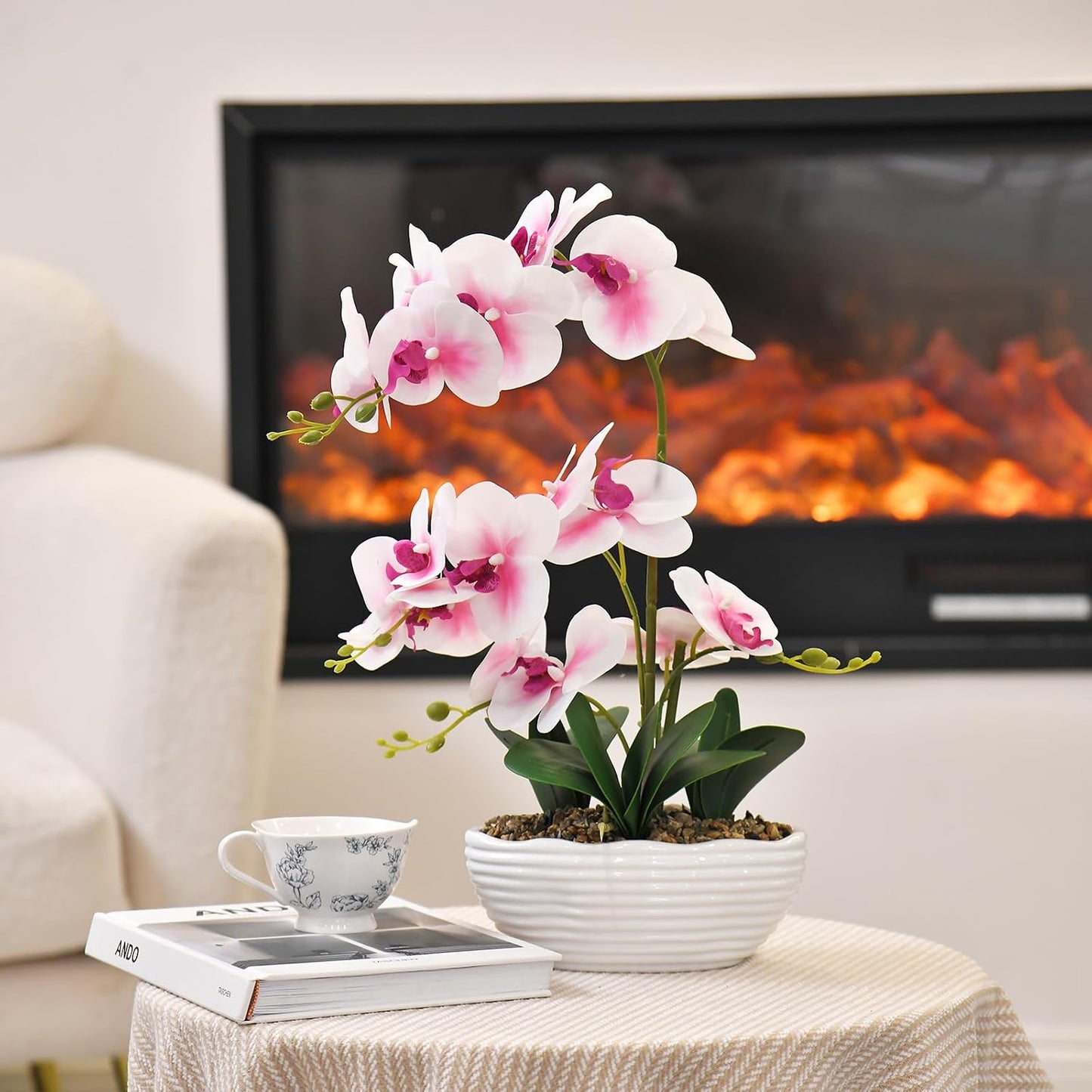 19" H Phalaenopsis Faux Orchid Plant Silk Orchid Centerpiece Artificial Floral Arrangement in Ceramic Pot (White)