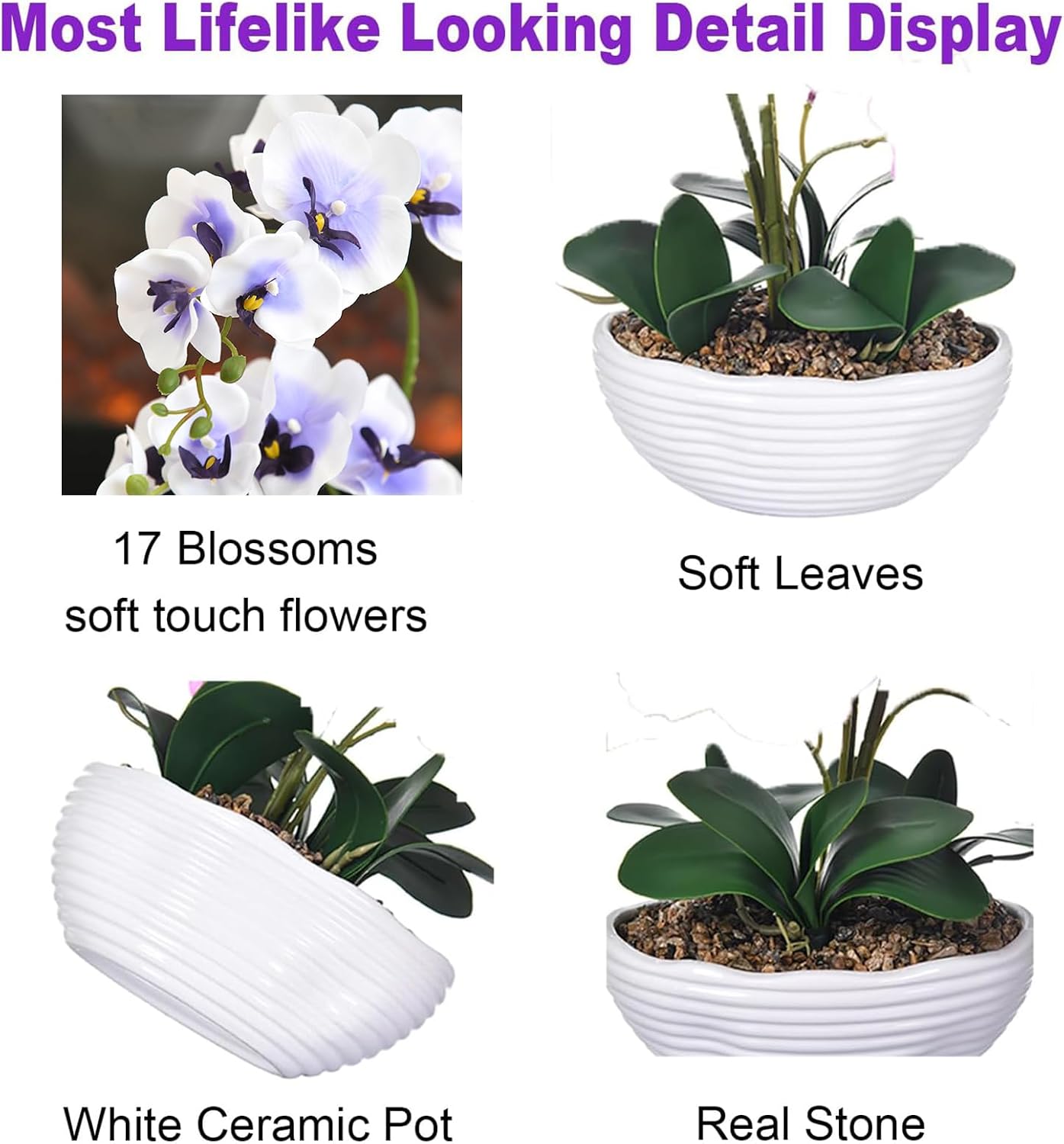 19" H Phalaenopsis Faux Orchid Plant Silk Orchid Centerpiece Artificial Floral Arrangement in Ceramic Pot (White)