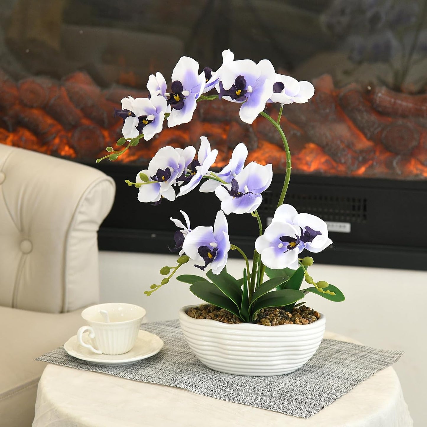 19" H Phalaenopsis Faux Orchid Plant Silk Orchid Centerpiece Artificial Floral Arrangement in Ceramic Pot (White)