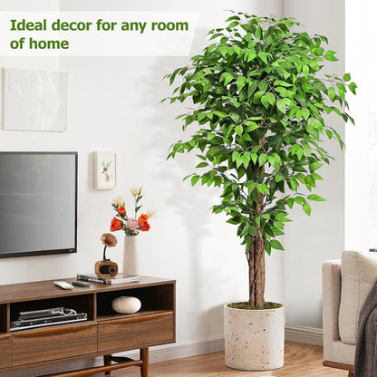 6.2ft Ficus Artificial Trees with 3 Natural Curved Trunks, 74" Tall Lush Faux Tree for Home Decor Indoor, Green Lifelike Fake Ficus Tree Artificial Plants