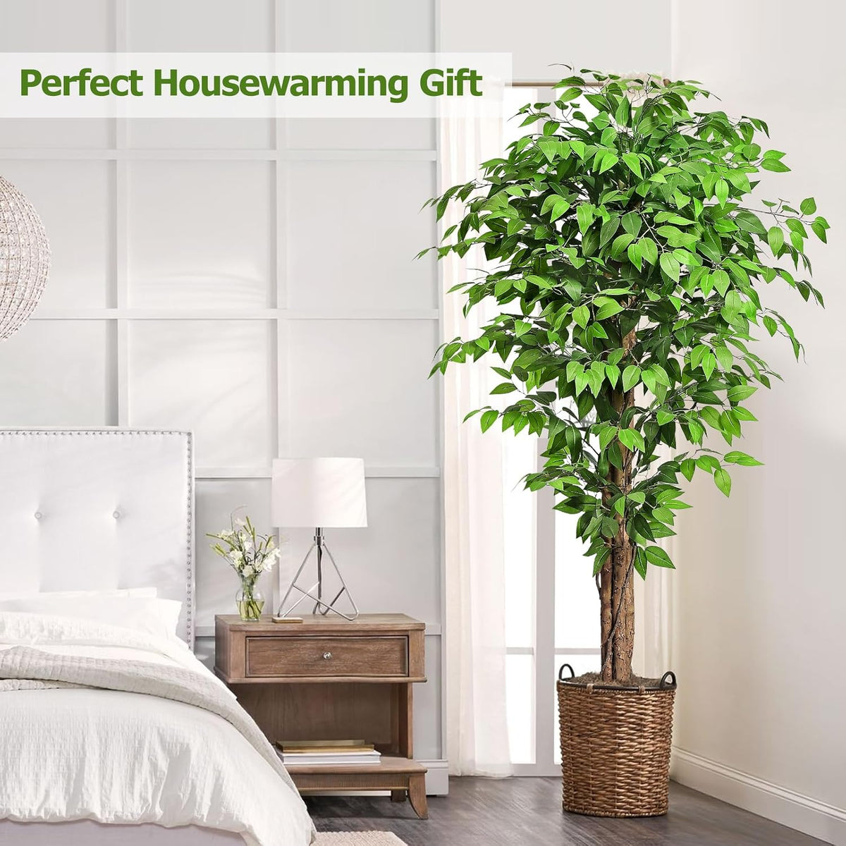 6.2ft Ficus Artificial Trees with 3 Natural Curved Trunks, 74" Tall Lush Faux Tree for Home Decor Indoor, Green Lifelike Fake Ficus Tree Artificial Plants