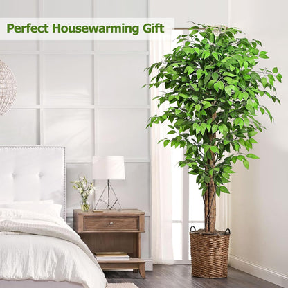 6.2ft Ficus Artificial Trees with 3 Natural Curved Trunks, 74" Tall Lush Faux Tree for Home Decor Indoor, Green Lifelike Fake Ficus Tree Artificial Plants