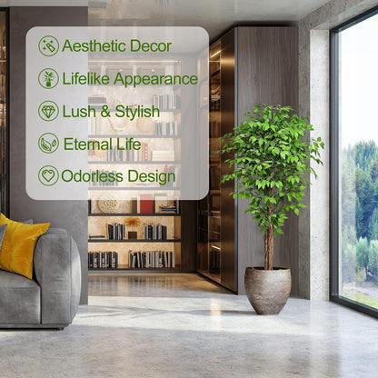 6.2ft Ficus Artificial Trees with 3 Natural Curved Trunks, 74" Tall Lush Faux Tree for Home Decor Indoor, Green Lifelike Fake Ficus Tree Artificial Plants