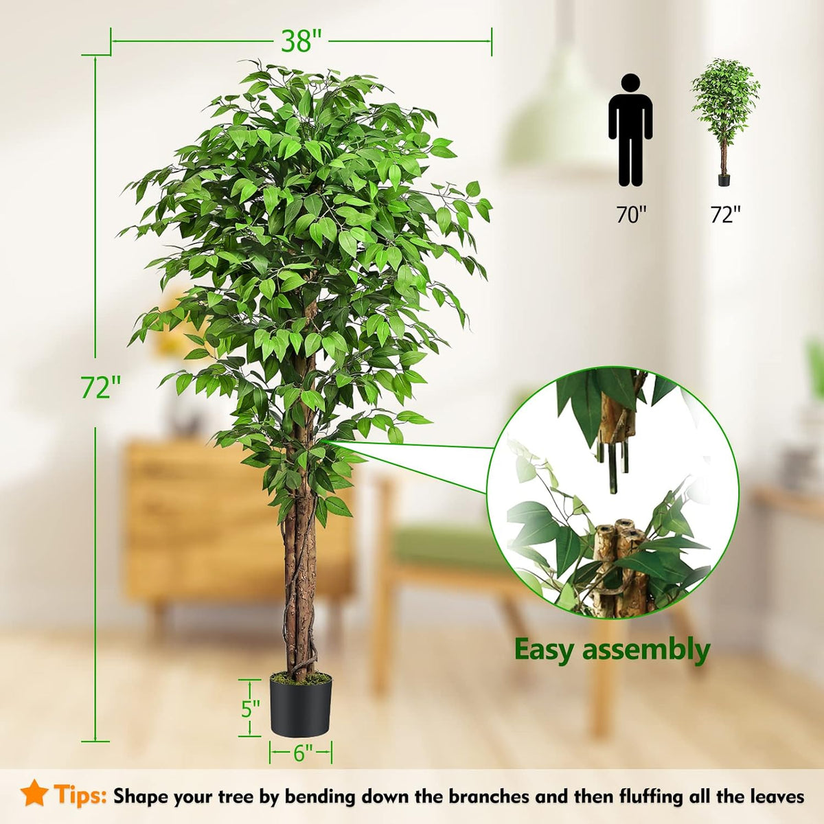 6.2ft Ficus Artificial Trees with 3 Natural Curved Trunks, 74" Tall Lush Faux Tree for Home Decor Indoor, Green Lifelike Fake Ficus Tree Artificial Plants