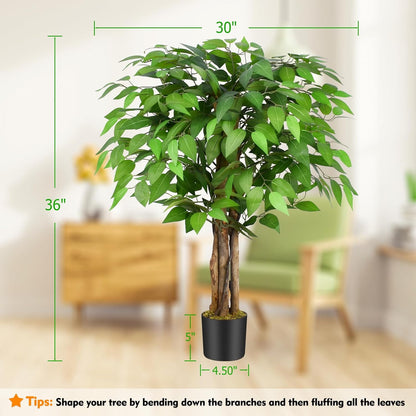 6.2ft Ficus Artificial Trees with 3 Natural Curved Trunks, 74" Tall Lush Faux Tree for Home Decor Indoor, Green Lifelike Fake Ficus Tree Artificial Plants