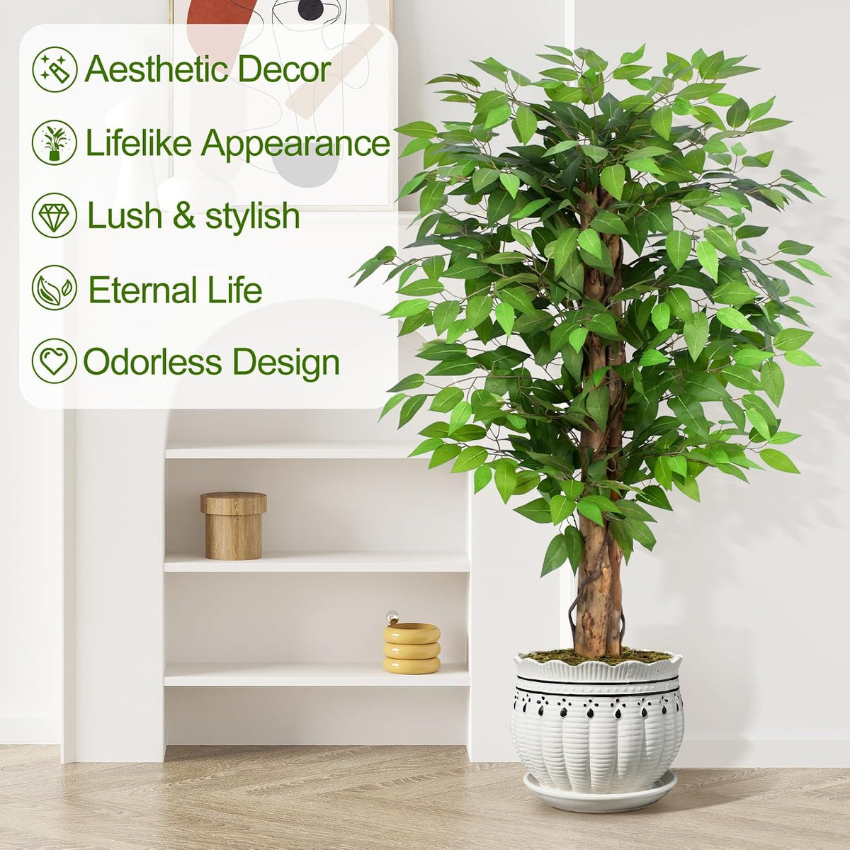 6.2ft Ficus Artificial Trees with 3 Natural Curved Trunks, 74" Tall Lush Faux Tree for Home Decor Indoor, Green Lifelike Fake Ficus Tree Artificial Plants