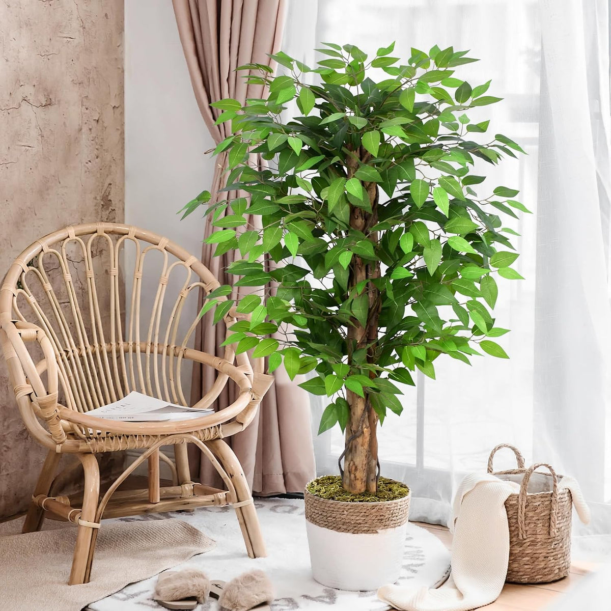 6.2ft Ficus Artificial Trees with 3 Natural Curved Trunks, 74" Tall Lush Faux Tree for Home Decor Indoor, Green Lifelike Fake Ficus Tree Artificial Plants
