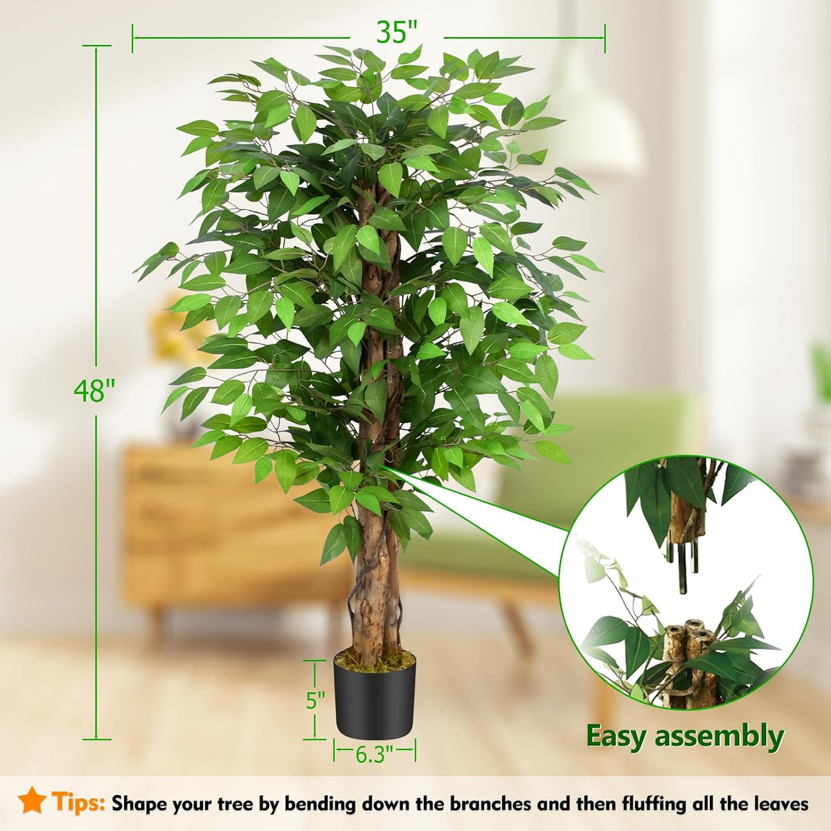 6.2ft Ficus Artificial Trees with 3 Natural Curved Trunks, 74" Tall Lush Faux Tree for Home Decor Indoor, Green Lifelike Fake Ficus Tree Artificial Plants