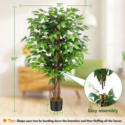 6.2ft Ficus Artificial Trees with 3 Natural Curved Trunks, 74" Tall Lush Faux Tree for Home Decor Indoor, Green Lifelike Fake Ficus Tree Artificial Plants