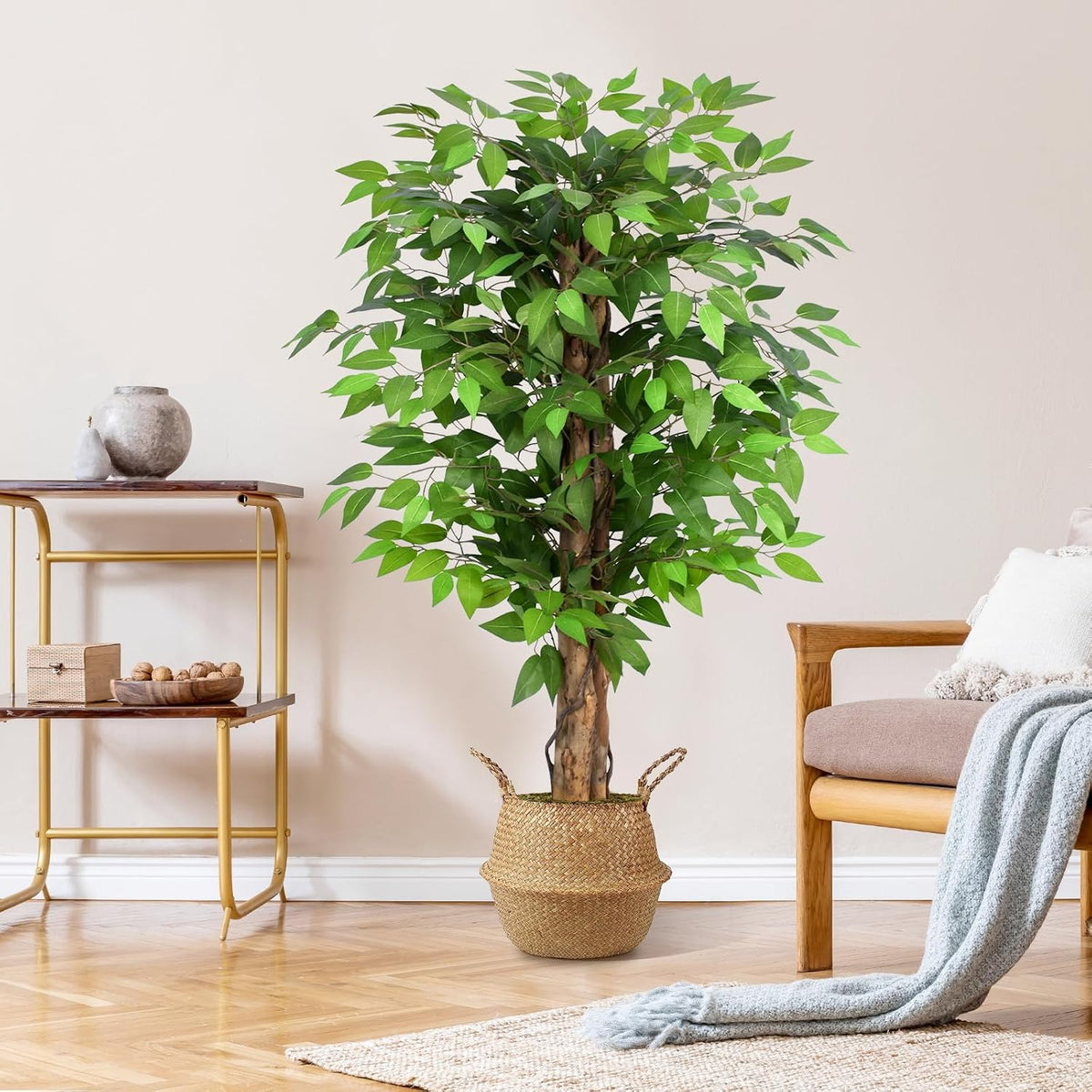 6.2ft Ficus Artificial Trees with 3 Natural Curved Trunks, 74" Tall Lush Faux Tree for Home Decor Indoor, Green Lifelike Fake Ficus Tree Artificial Plants